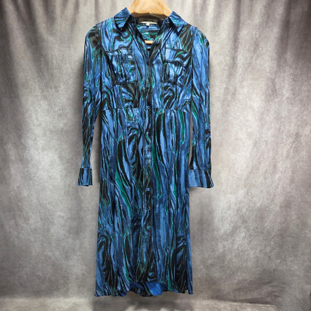 Diane von Furstenberg Andi Blue Abstract Mesh Shirt Dress size XS Midi l/s Slip